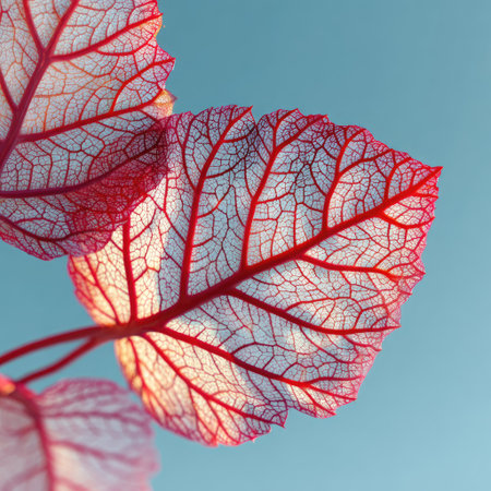 This image captures the detailed structure of red leaf veins set against a vibrant blue backdrop. The composition highlights the delicate lines and textures, offering a close-up view of natural forms. The bright colors and clean aesthetic suggest suitability for various design and editorial applications, appealing to a broad audience.の素材