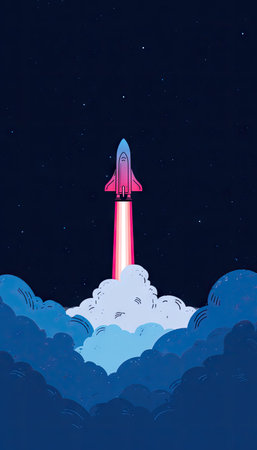 An illustrated rocket ascends through clouds against a dark blue sky dotted with stars. The artwork utilizes bold colors with a focus on pinks and blues. It features a simplified style, possibly digital, and a clear composition. This image could be suitable for educational materials or design projects.の素材