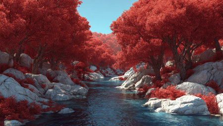 A tranquil river winds its way through a landscape dominated by trees with vivid red foliage. The composition includes large white rocks lining the riverbanks. The scene is bathed in daylight, creating a contrast between the red, white, and blue tones. Suitable for various uses, from website backgrounds to editorial illustrations.の素材