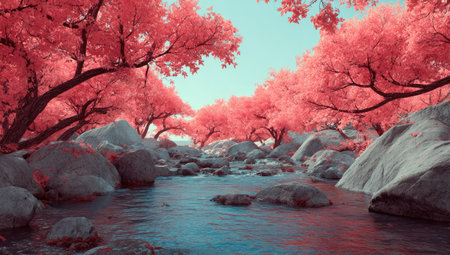 A picturesque river scene showcases pink-leafed trees and large grey rocks along the water's edge. The composition uses overhead lighting and a naturalistic style to create a serene environment. This image is suitable for various commercial projects, including travel and environmental themes.の素材