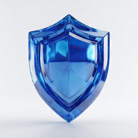 A vibrant blue shield is centered against a clean white backdrop. The object features a glossy, crystalline appearance with sharp edges and reflective surfaces. The composition emphasizes the shield's form, suggesting themes of security and defense. This image is suitable for various commercial applications, including design elements.の素材