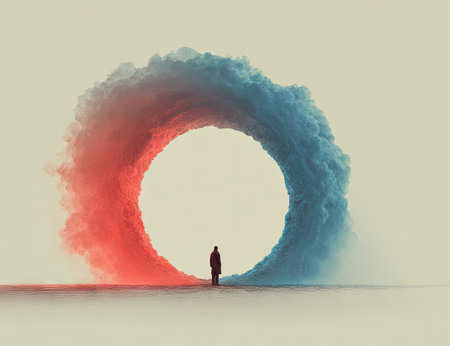 A solitary figure stands before a large circular portal composed of red and blue vapor. The image presents a minimalistic style with soft lighting and a neutral background. The vapor has a textured appearance and the composition employs symmetry. This image can be suitable for various conceptual, artistic, and design projects.の素材