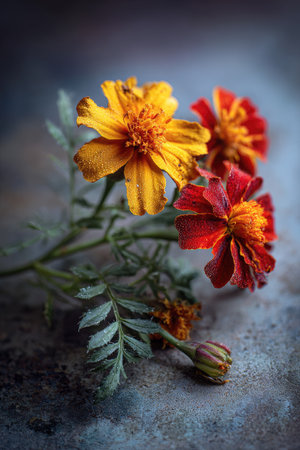 This macro photograph captures marigold flowers in shades of yellow and red. The composition showcases intricate textures with a shallow depth of field against a soft, blurred background. The image presents natural lighting and a focus on botanical details, suitable for decorative and illustrative applications.の素材