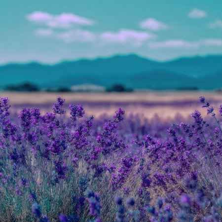 This image features a close-up of a lavender field under a bright blue sky with some clouds. The purple flowers stand out against the colorful landscape. The style is detailed, with focus on the subject. This image is suitable for various applications, including editorial or commercial uses.の素材