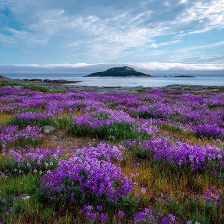 A scenic landscape showcases a field blanketed in purple flowers, contrasted by the blue ocean and sky. The composition presents an island in the distance. The image uses natural light and highlights the textures of the flora. This image could be used for various applications, including promotional materials or website design.の素材