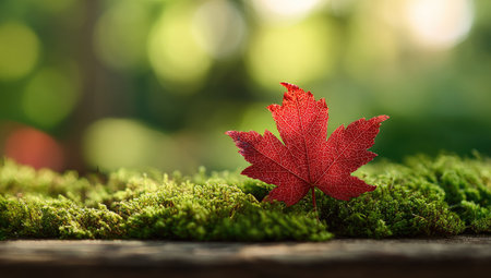 A single, striking red maple leaf rests upon a bed of vibrant green moss. The image features a shallow depth of field, highlighting the leaf and moss with a soft, blurred background. The composition uses natural light and offers a close-up perspective. This image is suitable for various editorial and commercial applications.の素材
