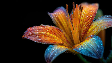 A close-up showcases a colorful lily, featuring petals in hues of orange, yellow, and blue. Water droplets cover the flower's surface, enhancing texture and depth. The flower is set against a dark backdrop. This image is suitable for various commercial uses, including advertising and editorial content.の素材