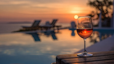 A wine glass stands prominently in the foreground, filled with a reddish liquid. The scene features a blurred background with a pool and sun setting over the horizon, producing a gradient of warm colors. It showcases outdoor leisure, offering potential uses in promotional and lifestyle materials.の素材
