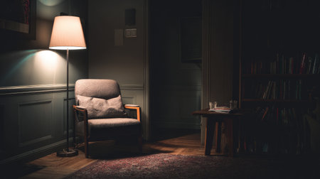 A comfortable armchair is positioned near a floor lamp, casting a warm glow in a darkened room. The image presents a classic interior with a rug and a wooden table visible. This composition emphasizes the soft lighting and textures, potentially suitable for advertising or editorial projects.の素材