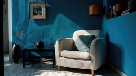 An armchair sits in a room with blue walls, bathed in sunlight. The composition highlights the furniture's texture and shape. A dark table and various decorative items are visible. This image is suitable for illustrating interior design, home decor, or lifestyle themes in various publications.の素材