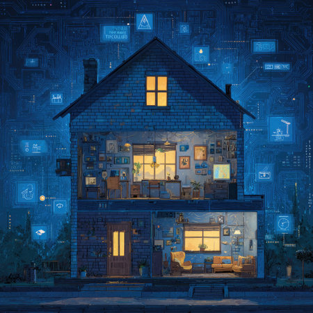 This illustration depicts a house sectioned to reveal interior details. The scene is filled with digital overlays, glowing interfaces, and data streams, suggesting modern home automation and technological integration. The artwork uses vibrant blue and warm yellow colors. The image is ideal for content about future living or technology.の素材