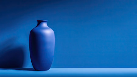 A single, blue vase stands on a matching surface against a solid blue backdrop. The smooth texture of the vase is highlighted by subtle lighting and shadow. This image, showcasing a minimalist style, is suitable for various commercial and editorial uses where elegance and simplicity are desired.の素材