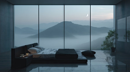 A contemporary bedroom scene features a bed positioned against a large window. The exterior view reveals a mountainous landscape enveloped in a misty atmosphere. The composition is minimalist, with neutral tones dominating the space. Ideal for architectural, lifestyle, or design-related projects, and suitable for various commercial applications.の素材