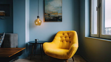 This interior scene showcases a yellow armchair against a light blue wall. A small black table and decorative lighting fixtures are visible. The composition utilizes natural lighting from a nearby window. The image is suitable for commercial applications, illustrating home decor or interior design concepts.の素材