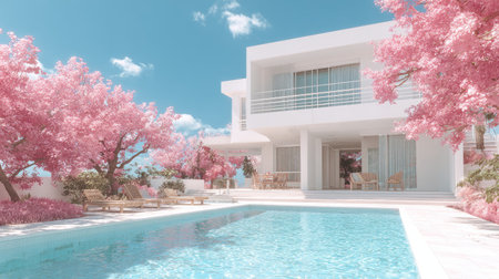 A modern white house with a swimming pool is surrounded by pink flowering trees under a bright blue sky. The scene features an inviting architectural design, possibly for residential or commercial use. The sunlight creates a soft, warm glow with vibrant colors that could be useful for various advertising or lifestyle concepts.の素材