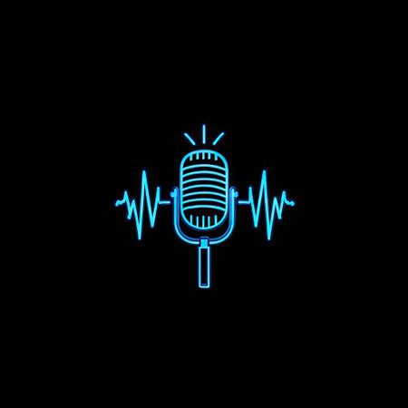 A neon-style illustration features a microphone with sound wave elements, glowing against a dark backdrop. The vibrant blue and black create a visually striking contrast. This image is suitable for various commercial applications, particularly in the realms of audio, podcasting, and music production.の素材