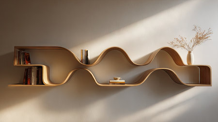 A unique wooden bookshelf with a flowing wave design is featured. The structure is bathed in warm, directional light creating shadows and highlights. The minimalist composition suggests an indoor setting, ideal for showcasing books and decorative items. This image could be used for interior design projects and editorial content.の素材