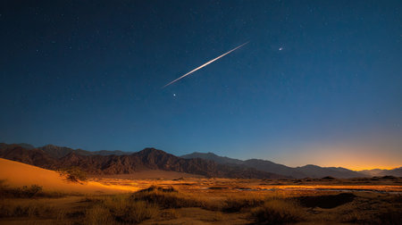 A night landscape depicts a shooting star streaking across a deep blue sky. The composition features silhouetted mountains, illuminated terrain, and faint celestial objects. The scene is bathed in natural light, with a sense of vastness. Suitable for various visual media applications.の素材
