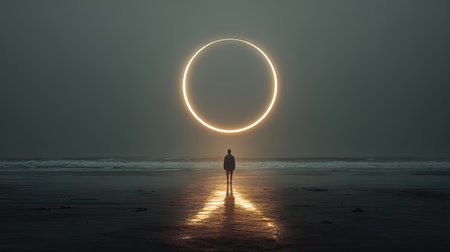 A solitary figure stands on a reflective surface beneath a large, illuminated ring. The composition features a minimalist aesthetic with muted colors and a soft glow. The scene evokes a sense of mystery and wonder, suggesting a surreal environment. Suitable for conceptual design and artistic applications.の素材