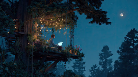 A person sits in a treehouse, illuminated by fairy lights, working on a laptop. The scene depicts a tranquil night, with a backdrop of a dark blue sky and the silhouette of trees. The composition features soft lighting and a sense of isolation. This image may be suitable for illustrating concepts like technology or creative work.の素材