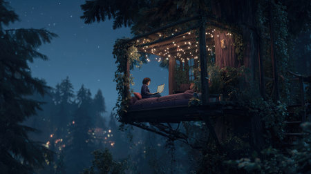 A person is sitting in a treehouse, working on a laptop. The scene is illuminated by string lights, creating a cozy atmosphere. The image features dark blues and greens, suggesting a night setting in a forest. This visual could be used in various commercial or editorial contexts, such as illustrations or website designs.の素材