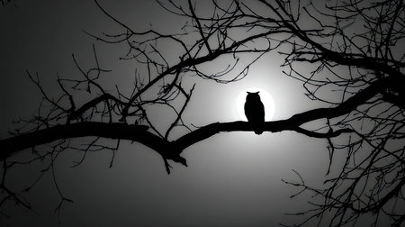 An owl is silhouetted on a tree branch with a bright light behind it. The image showcases dark branches with sharp detail. The composition uses a high-contrast aesthetic. Potential uses could include illustrations or thematic backgrounds. It could also be used for artistic representation.の素材