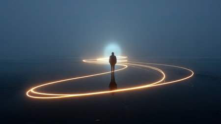A lone figure stands at the center of a luminous path, illuminated by an unseen light source. The image presents a monochromatic scene with a dark foreground and hazy background. The curving lines of the path contrast with the silhouette. This composition is suitable for various commercial and conceptual applications.の素材