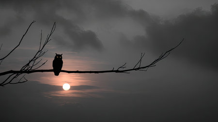 An owl is silhouetted on a tree branch with the sun setting behind it. The image displays a monochromatic color scheme, with soft light creating a tranquil atmosphere. The composition provides negative space, offering potential use for editorial content or visual design projects.の素材