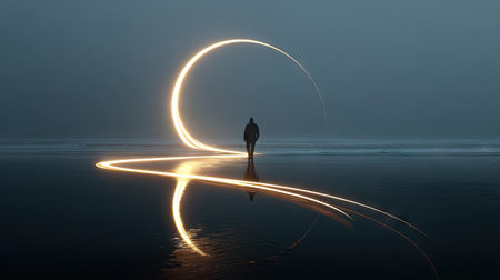 A solitary figure walks towards a radiant, circular light trail reflected on a reflective surface. The scene presents a blend of cool, muted tones with the bright, warm glow of the light. The composition features a balanced arrangement with a dark, atmospheric environment. It could be used for conceptual designs or visual storytelling.の素材