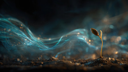 A small seedling is depicted sprouting from the soil. The image shows flowing, abstract lines of energy surrounding the plant. The color palette includes shades of brown, blue, and black. The composition is set in a dark environment with soft lighting, suitable for conceptual or illustrative purposes.の素材
