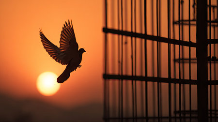 A bird takes flight near a cage, silhouetted against a vibrant orange and yellow sky. The image displays dramatic lighting, highlighting the bird's wings. This conceptual image can be used for various design projects, including themes of freedom and liberation, and editorial content.の素材