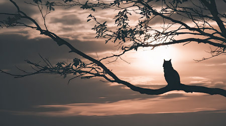 A dark silhouette of a cat sits on a tree branch, set against a muted, dusky sky. The composition utilizes a natural, low-contrast style, with the cat as the focal point. The image suggests a peaceful setting, possibly at dusk, suitable for various creative and commercial applications.の素材