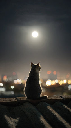 A cat sits atop a structure, silhouetted against a bright moon. The image features a dark color palette with the animal as the focal point. City lights shimmer softly in the background. Suitable for various editorial and commercial projects, this image offers an atmospheric aesthetic.の素材