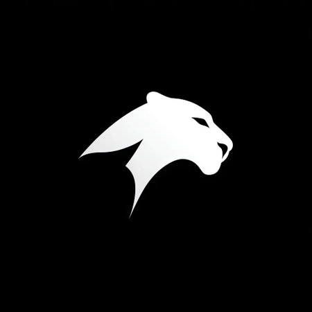 This image presents a panther head in a stylized silhouette, rendered in white against a stark black backdrop. The design showcases clean lines and a minimalist approach, creating a high-contrast composition. It could be used in various projects for branding, graphic design, or as a visual element.の素材
