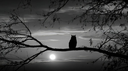 A grayscale image displays the silhouette of an owl perched on a tree branch. The owl is set against a backdrop of the setting sun and a cloudy sky. The composition evokes a sense of serenity, featuring a natural environment. This image could be used for various editorial and commercial purposes.の素材