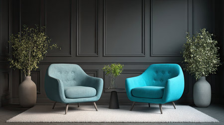 Two teal armchairs are set against a dark gray wall, creating a sophisticated interior. Flanking the chairs are large vases holding leafy plants, complementing the design. The scene employs a minimalist aesthetic, possibly suitable for home decor or lifestyle publications.の素材