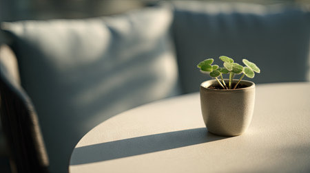 A small potted plant with green leaves sits on a round table. The image showcases soft sunlight and shadows. Soft-focus pillows are in the background. The composition suggests a tranquil, indoor setting. This image could be used for editorial articles or commercial projects.の素材