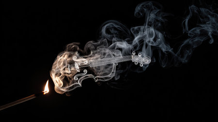 A violin silhouette created from smoke is depicted against a stark black background. A match with a flickering flame at its tip suggests the origin of the smoke. The image showcases swirling white and gray smoke creating a musical instrument form. Suitable for artistic or conceptual projects.の素材
