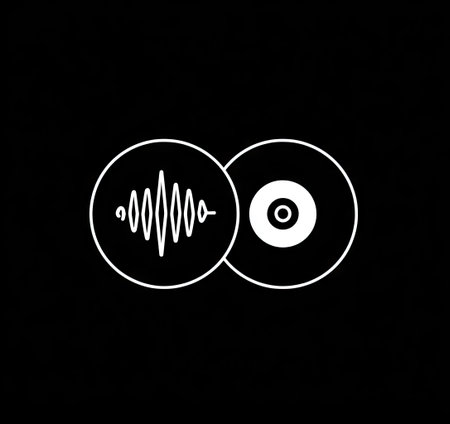 This illustration features a white sound wave and a vinyl record icon set against a black backdrop. The design employs simple lines and shapes, creating a clean and modern aesthetic. Its minimalist style suggests potential applications in digital media, music-related projects, or graphic design presentations. This visual is well-suited for various commercial and editorial uses.の素材