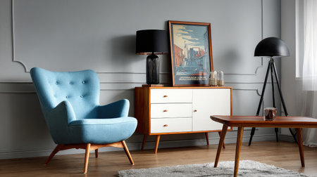 This interior scene showcases a blue armchair, complemented by a wooden cabinet and table. The room features soft lighting and a neutral color palette, with decorative elements enhancing the space. Suitable for a variety of commercial applications, the image could be utilized for lifestyle or design-related content.の素材