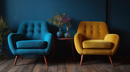 Two vibrant armchairs, one teal and the other yellow, are positioned near a small table adorned with a vase of flowers. The scene is illuminated by soft lighting, and the composition offers copy space. It might be useful for commercial or editorial uses.の素材