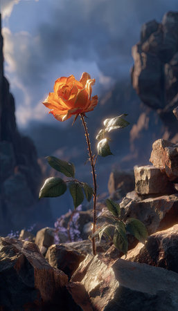 A single orange rose stands tall amidst a rocky landscape, its petals open to the light. The image showcases a vibrant color palette with sunlight illuminating the subject. The scene evokes a sense of resilience with potential uses in nature-themed projects.の素材
