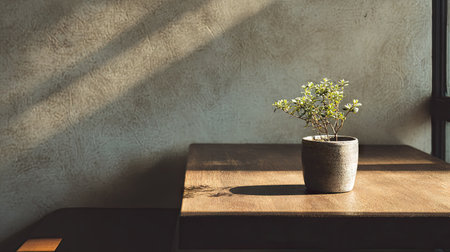 A small potted plant sits on a wooden table illuminated by natural light streaming from a window. The image showcases the plant against a textured, neutral-toned wall. The composition utilizes shadow and light, creating a serene ambiance. This image could be used for various commercial and editorial purposes.の素材