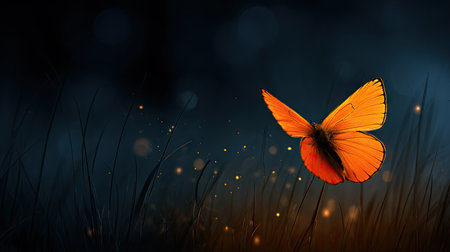 A single butterfly with bright orange wings is captured mid-flight. Its wings display intricate details, set against a contrasting dark background. The composition includes soft, blurred elements suggesting natural surroundings. This image would be suitable for various commercial and editorial applications.の素材