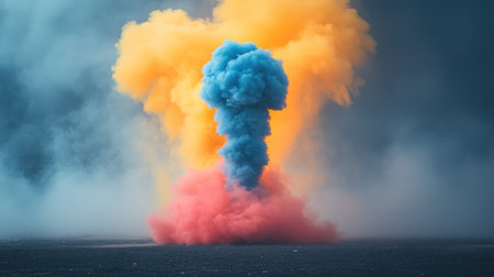 A dynamic image showcases vibrant clouds of colored smoke, emerging from a dark surface. The composition features a central column of blue smoke contrasted by surrounding formations of yellow and red hues. The artwork's ethereal quality, enhanced by diffused lighting, suits various creative and promotional projects.の素材