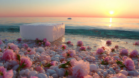 A surreal scene features an ice cube resting on a rocky shore dotted with pink flowers. The ocean reflects a warm sunset, creating a blend of cool and warm tones. This abstract composition presents opportunities for conceptual designs and can be used for various creative projects.の素材