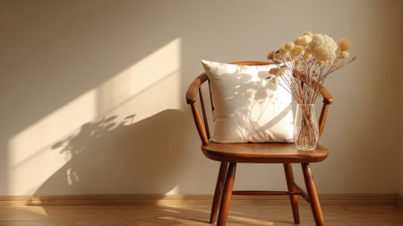 A wooden chair holds a white square pillow and a glass vase with dried flowers. The scene is bathed in warm sunlight, creating strong shadows on the wall. The composition suggests a tranquil interior space, suitable for various commercial and decorative projects.の素材