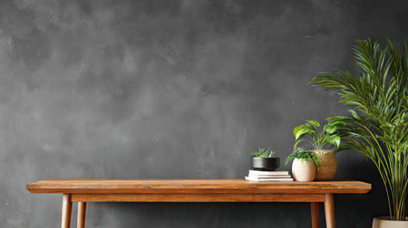 A wooden table is positioned in front of a dark gray wall, adorned with greenery. The composition uses natural light and creates a minimalist ambiance. The image could be used for advertising, design mockups, or interior design presentations, showcasing product placement possibilities or editorial content.の素材