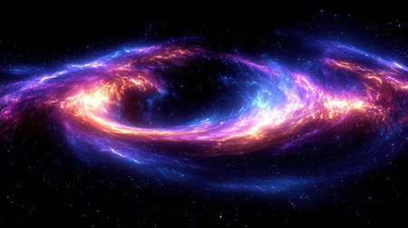 An abstract digital artwork depicts a swirling cosmic vortex composed of vivid colors including blue, purple, and orange. The image showcases dynamic energy with a dark central void, creating a visually striking composition. This image could be suitable for various creative projects, including digital art or commercial applications.の素材