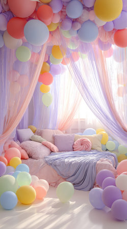 A room is filled with an abundance of colorful balloons, adorning the ceiling and surrounding a bed draped with pastel fabrics. Sheer curtains filter sunlight, enhancing the soft tones. The scene exhibits a dreamy, celebratory atmosphere, suitable for various editorial and commercial applications.の素材